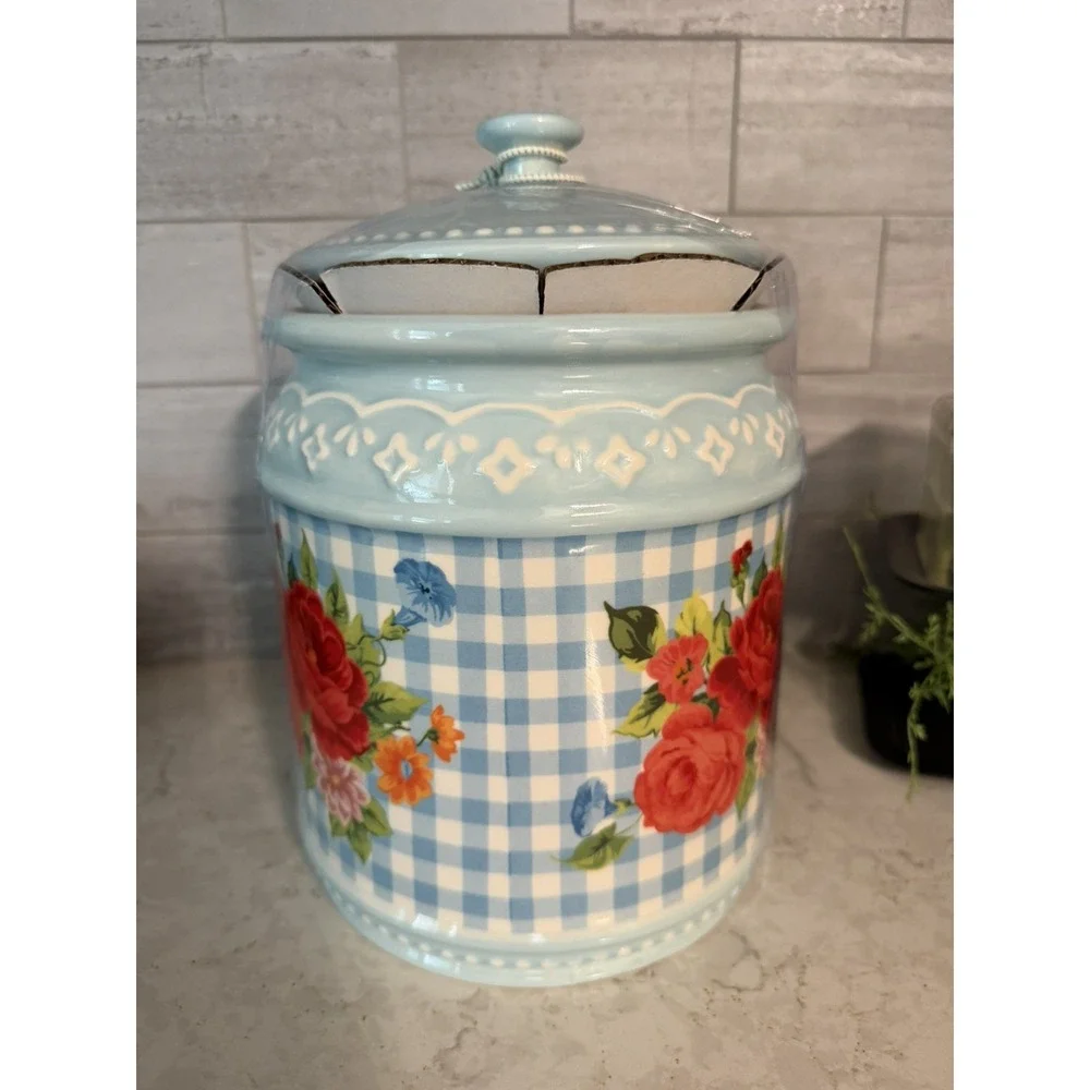 Pioneer Woman Stoneware SWEET ROSE Floral Cookie Jar Happiness Is Homemade NEW